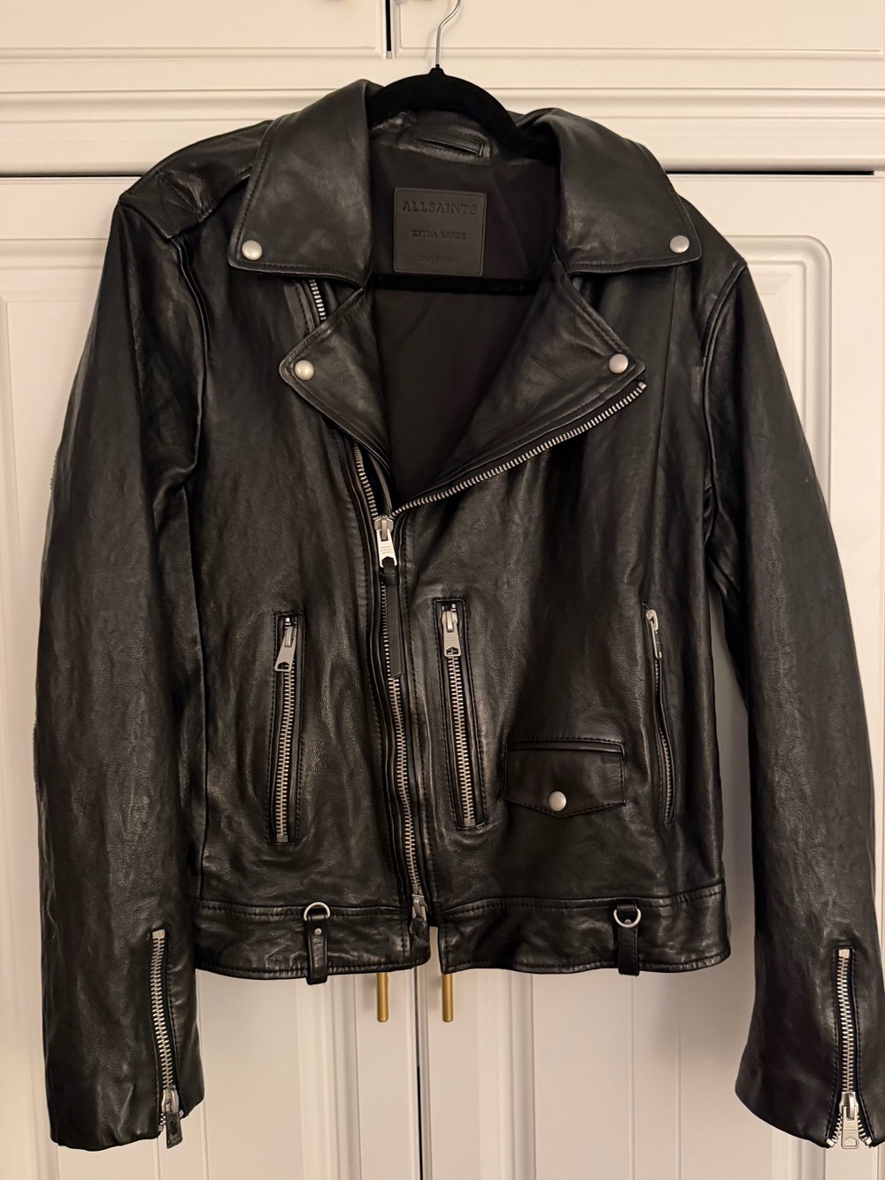 AllSaints Sora Biker Black Lamb Leather Asymmetrical Moto Jacket XL - Picture 3 of 11